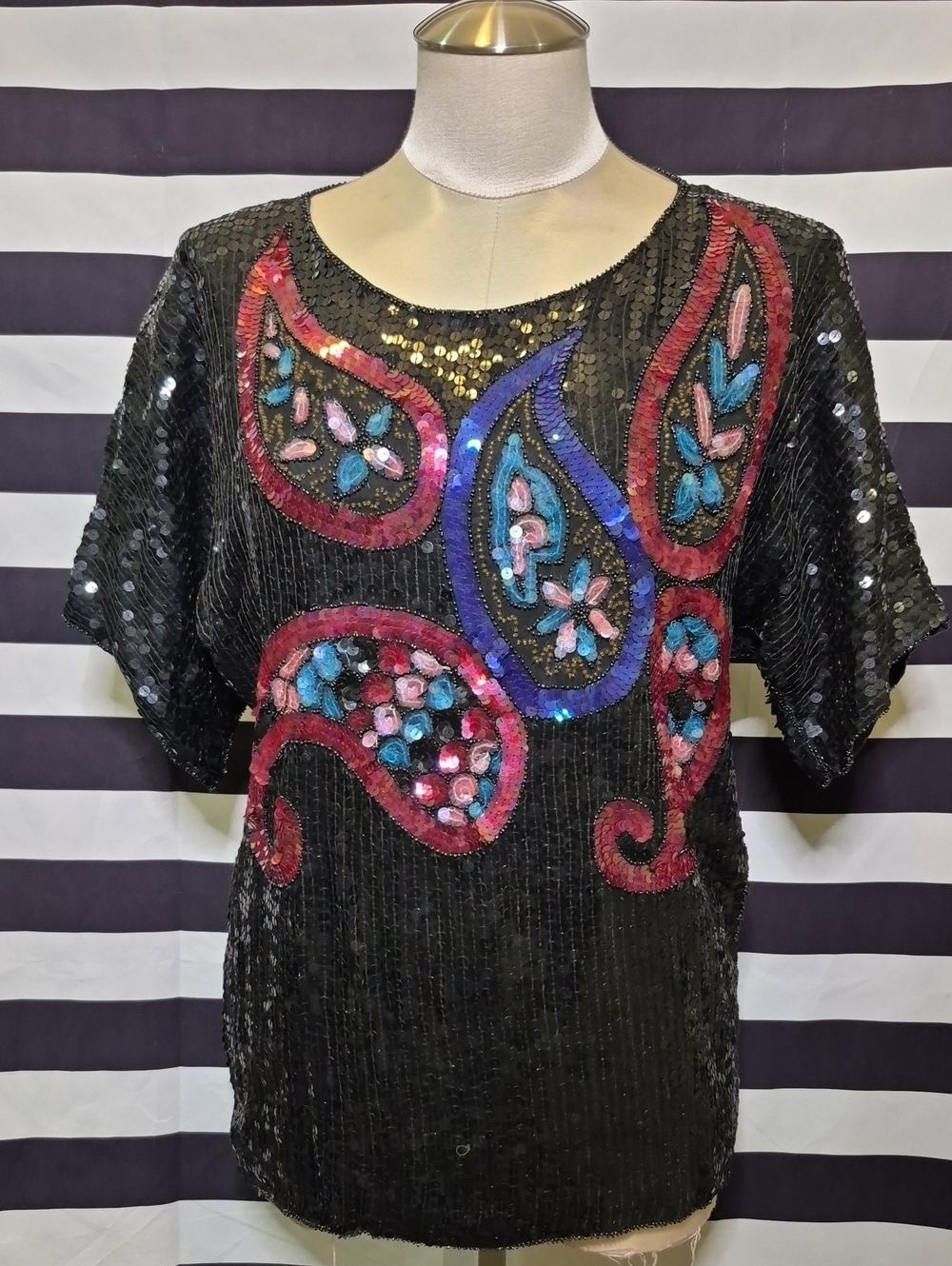Vintage Black Sequin Paisley Embellished Top
